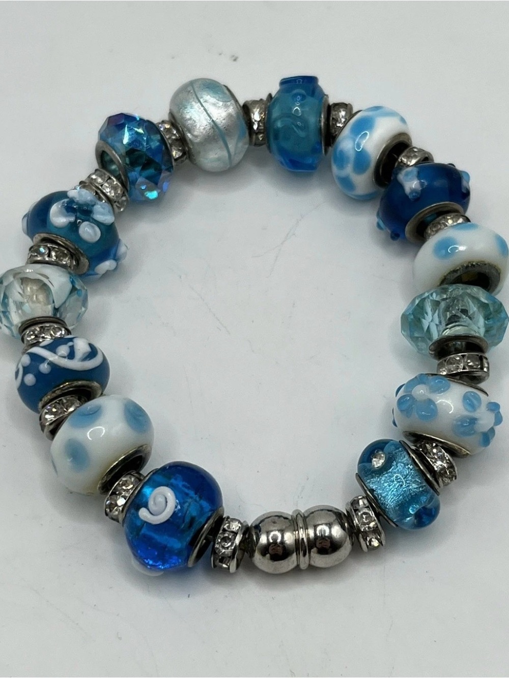 Art Glass Floral Beaded Rhinestone Bracelet Silver Tone